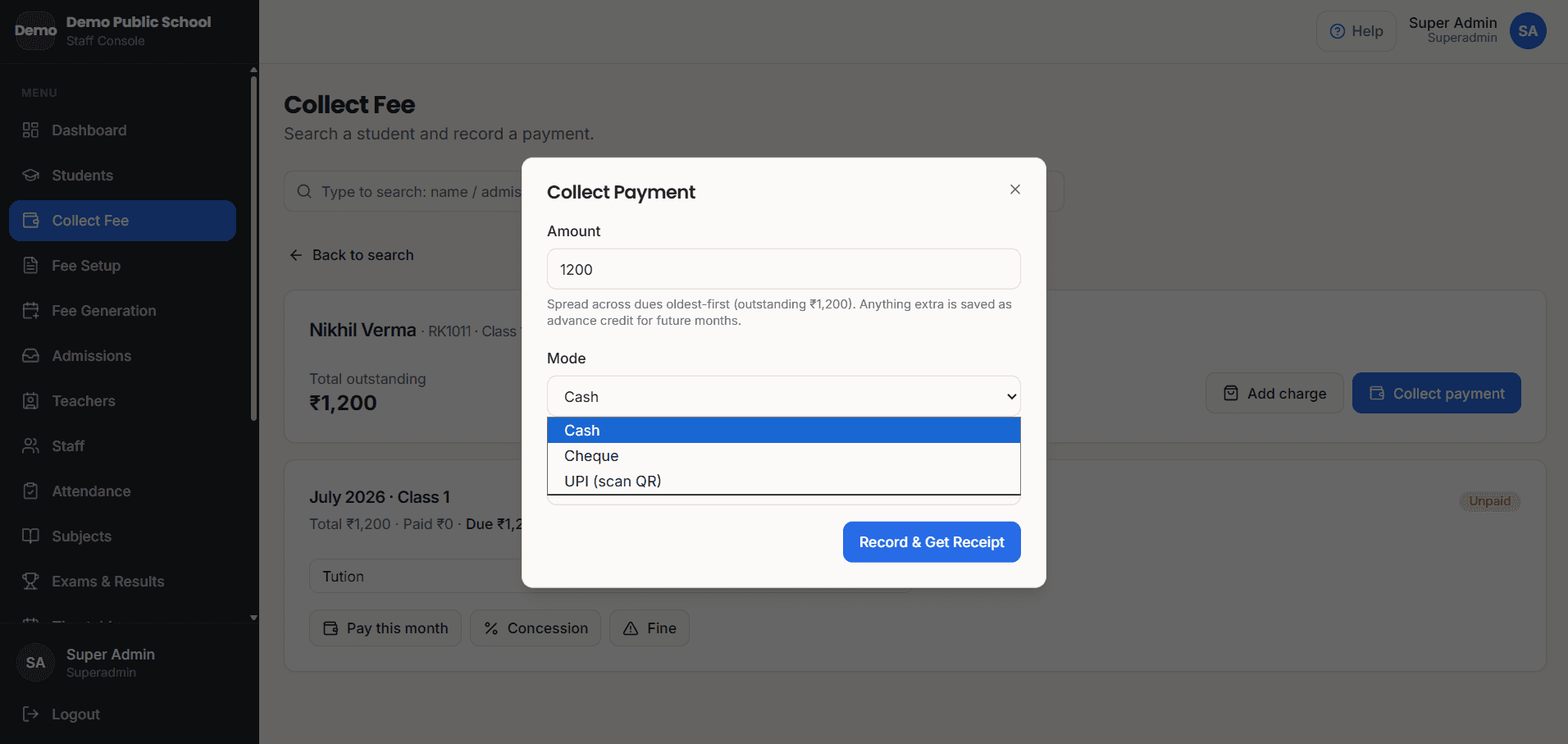 Schoolmix Collect Fee screen with a payment window open — amount entered, a choice of cash, cheque or UPI QR, and a Record & Get Receipt button